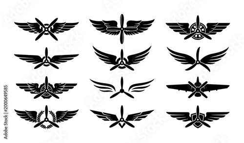 Photos Vintage aviation emblems with wings and propellers, 12 black airplane pilot badg