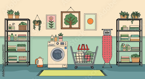 Laundry room with dirty clothes, washing machine, and shelves with powder and cleaning products. Vector illustration