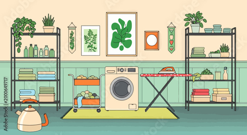 Laundry room with dirty clothes, washing machine, and shelves with powder and cleaning products. Vector illustration