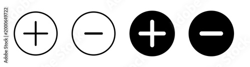 Plus minus icon set with add and remove symbols in outline and solid styles. Increase decrease control icons for app and web interface, zoom and settings
