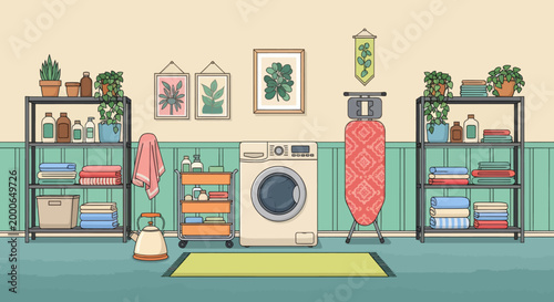 Laundry room with dirty clothes, washing machine, and shelves with powder and cleaning products. Vector illustration