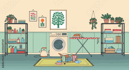 Laundry room with dirty clothes, washing machine, and shelves with powder and cleaning products. Vector illustration