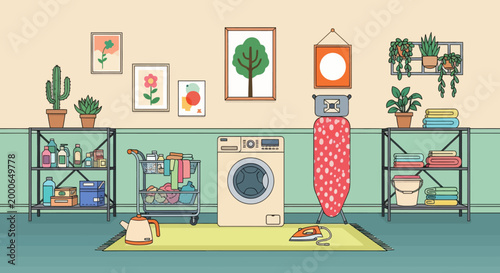 Laundry room with dirty clothes, washing machine, and shelves with powder and cleaning products. Vector illustration