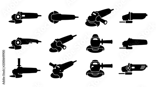 Foto Industrial angle grinder silhouette icons, set of 12 power tool vector elements,