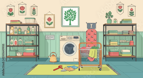 Laundry room with dirty clothes, washing machine, and shelves with powder and cleaning products. Vector illustration