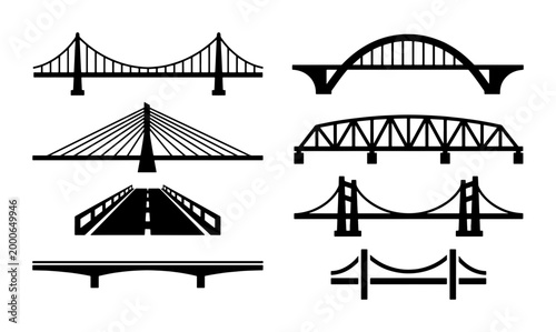 Tableau sur toile Black bridge icons set, minimalist suspension and cable-stayed bridge silhouette