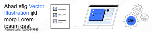 Business operations, CRM tools, task organization, automation, software, team management. Display of a checklist, laptop with CRM interface and gears with CRM text. Business operations and CRM tools