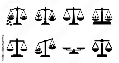 Photos Justice scale icon set with 8 black vector elements, legal balance symbols for l