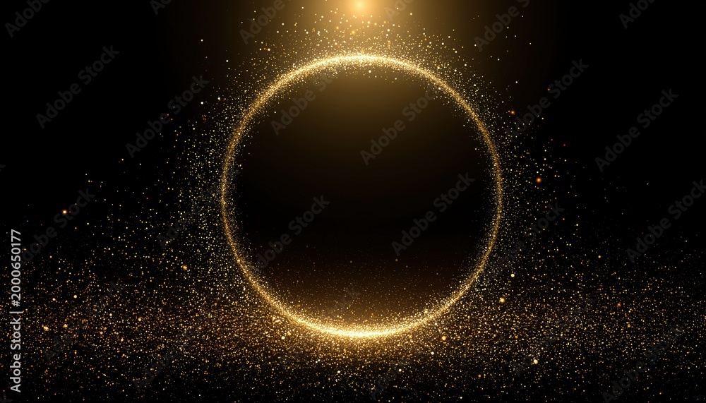 Fototapeta premium Luxurious Gold Sparkling Circle Frame With Glowing Light Particles Overlay And Shining Gold Glitter Dots: Festive And Elegant Design Option