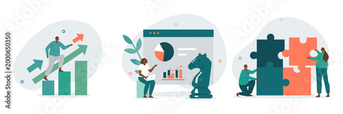 Business growth strategy teamwork concepts with business strategy teamwork analysis planning progress illustration collaboration brainstorming management development marketing economic