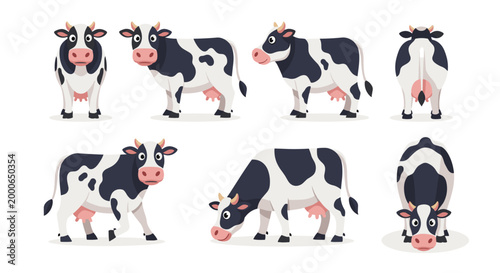 A charming collection of black and white dairy cows is illustrated in various poses as a vector graphic.