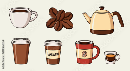 A variety of coffee items including a cup, beans, teapot, and to-go cups on a light background.