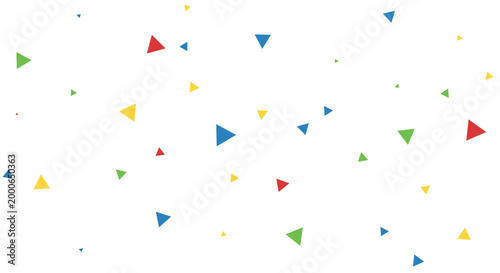 A vibrant abstract vector graphic illustration featuring a scatter of colorful geometric triangles in various sizes and shades scattered across a clean white background.