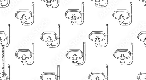 A white line art vector illustration of a repeating pattern featuring snorkeling masks and tubes on a transparent background for design use