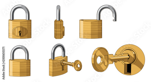 A detailed vector graphic illustration showcasing multiple brass padlocks and a key in various states of being locked and unlocked