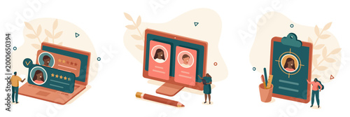 Recruitment and human resources management concepts with recruitment management employees interview business illustration application development teamwork collaboration minimalist creative