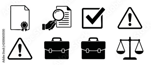 Business and Legal Icon Set, Office Compliance and Administration Symbols, Professional Vector Graphics for Documents, Contracts, Law, Auditing, Verification, Management, and Corporate Policy Illustra