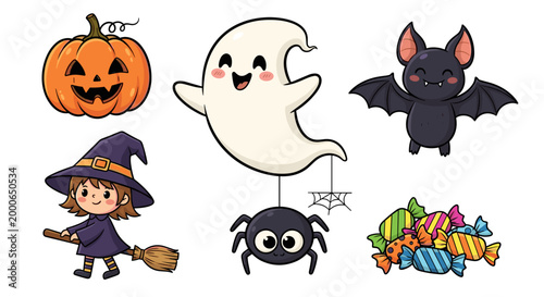 Colorful cartoon illustration of Halloween characters including a pumpkin, ghost, witch, spider, bat, and candy for a festive holiday theme.