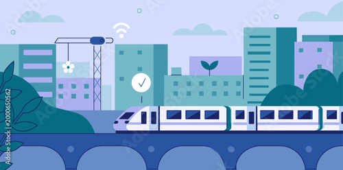 Modern high speed train traveling through a stylized cityscape with transportation technology illustration transport infrastructure buildings abstract movement connectivity construction