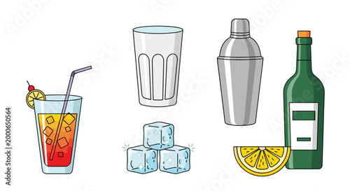 Collection of cocktail bar elements including a drink, shaker, ice, glasses, and a lemon slice on a clean white background.