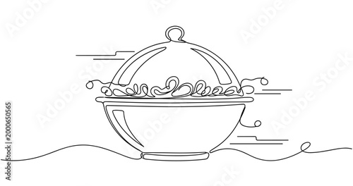 Continuous line art of a bowl of spaghetti with cloche, minimalist food design. None editable stroke