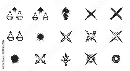 Hand Drawn Grunge Arrow and Cross Symbol Icon Set