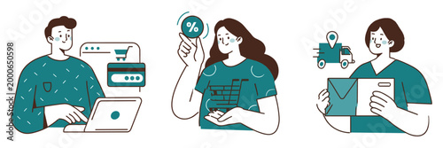 Online shopping and payment illustrations with people shopping bag ecommerce credit card illustration business delivery discount purchase transaction technology consumer customer