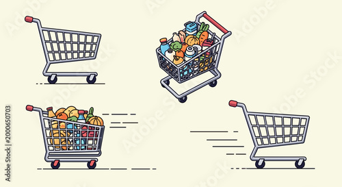 Four shopping carts, two empty and two filled with groceries, illustrating the process of shopping and consumption.
