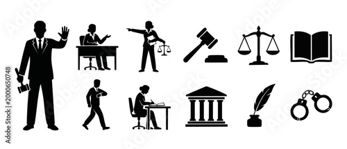 Legal and Law Icons Set, Lawyer and Judge Silhouette Symbols for Courtroom Judiciary Business. Professional Attorney Characters and Justice Legal Equipment Pictograms for Web Design and Infographics.