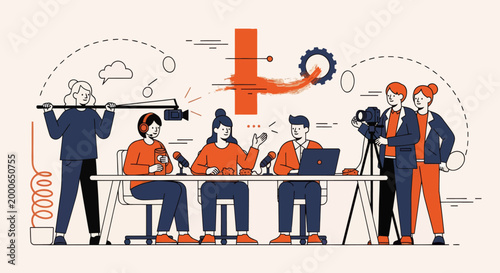 Cartoon vector illustration of bloggers on filming set interviewing each other, content creation and collaboration concept, camera and microphone as metaphor for storytelling and digital media interac