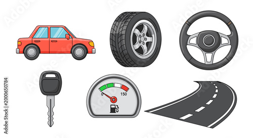 A collection of stylized cartoon illustrations representing various automotive and driving-related elements on a clean white background.