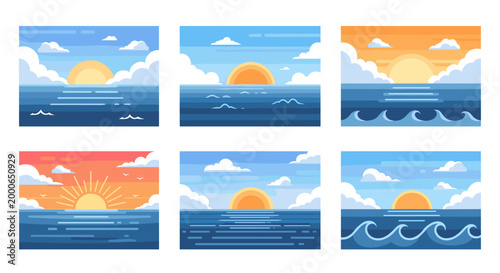 A collection of six serene ocean sunset and sunrise scenes with the sun peeking over the horizon and gentle waves against colorful skies.