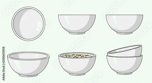 An assortment of white ceramic bowls shown from different angles, including a full bowl with food.