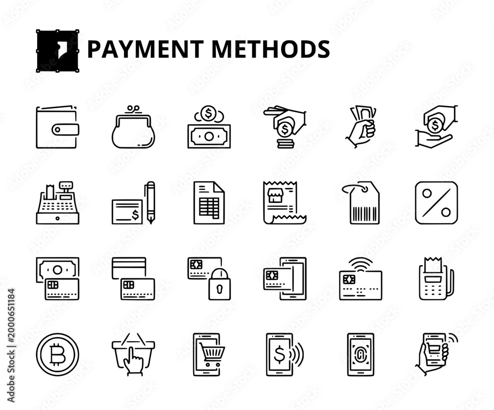 Fototapeta premium Payment Methods Line Icons Pack, Banking Wallet Cash Digital Payment Editable Stroke