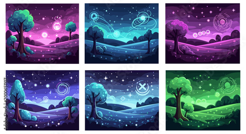 Enchanting fantasy landscapes showcase glowing trees and whimsical starry skies in vibrant hues of purple, blue, and green.
