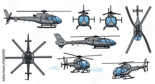Various views of a modern helicopter are presented, showing the aircraft from different angles and perspectives.