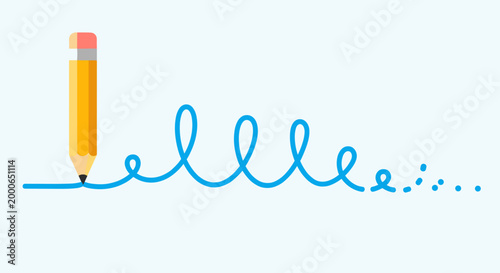 A bright yellow pencil draws a swirling blue line that fades into dots on a light blue background.