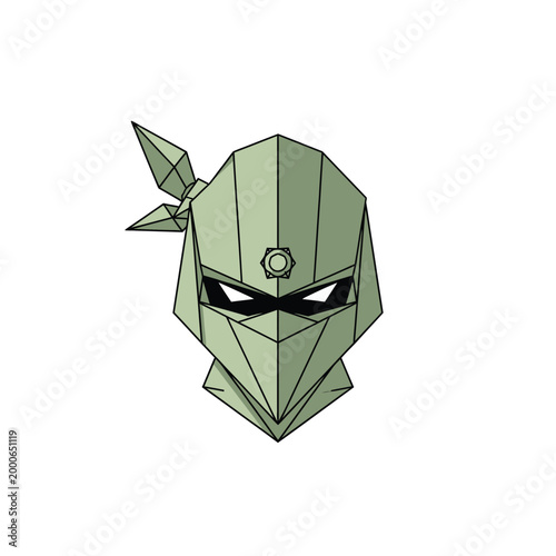 Geometric Green Ninja Mask Vector Illustration - Minimalist Low Poly Japanese Warrior Head Icon for Gaming and Branding