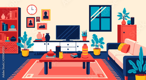 Cozy modern living room vector illustration with furniture including sofa, bookshelf, TV, and plants. Flat design style for interior and lifestyle projects.