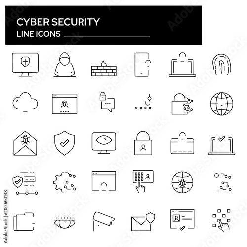 Cyber Security Line Icons Set, Data Protection Network Safety Editable Stroke Vector Pack