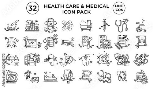 Health Care Medical Icon Pack 32, Hospital Equipment Line Icons Editable Stroke