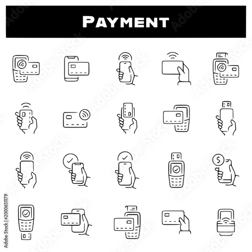 Payment Line Icons Set, Mobile Pay Credit Card Contactless Editable Stroke Vector