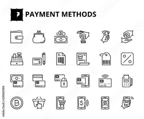 Payment Methods Line Icons Pack, Banking Wallet Cash Digital Payment Editable Stroke