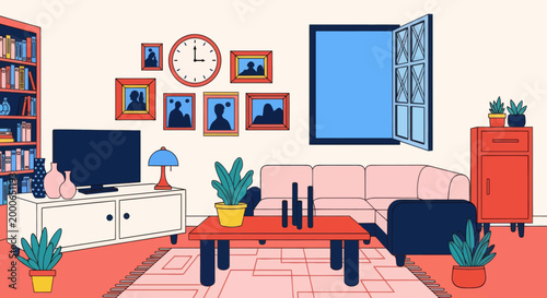 Cozy modern living room vector illustration with furniture including sofa, bookshelf, TV, and plants. Flat design style for interior and lifestyle projects.