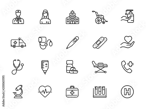 Medical Health Care Line Icons Set, Hospital Doctor Emergency Editable Stroke Vector Pack