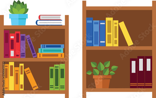 Wooden Bookshelf Vector Set with Colorful Books and Potted Plants on Shelves Isolated on White Background for Home Interior Library and Storage Design.