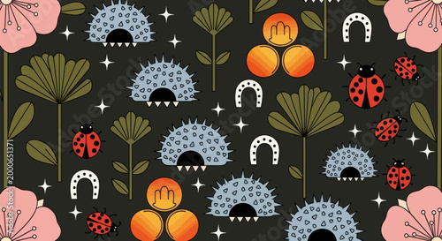 Whimsical illustration of ladybugs and flowers in a lush green garden from a bird's eye view