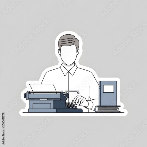 Writer sits at a desk using a vintage typewriter to compose a manuscript next to a stack of hardbound books.