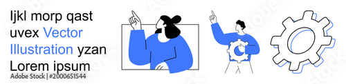 Teamwork, problem-solving, innovation, strategy, collaboration, creativity. Two characters pointing and a gear icon on a clean background. Teamwork and problem-solving illustrated through dynamic