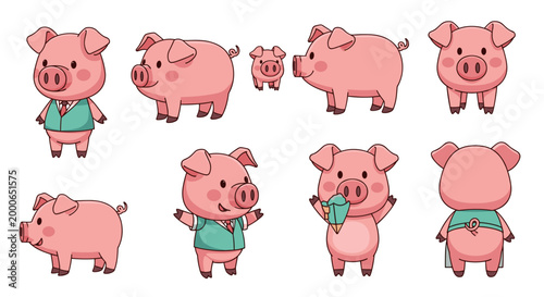 Various adorable cartoon pigs are shown in different poses and attire, including a tiny piglet, illustrating playful and cute farm animals.